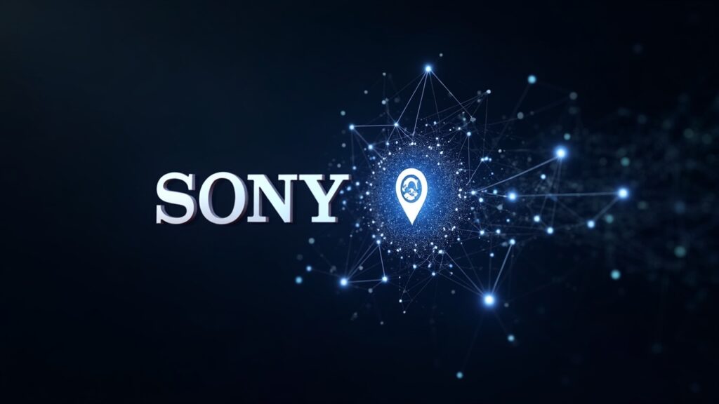 Fusión fotorrealista de los logotipos de Sony y Soneium conectados por una red de nodos blockchain que abarca juegos, música y cine.