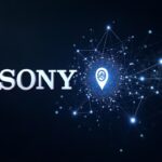 Fusión fotorrealista de los logotipos de Sony y Soneium conectados por una red de nodos blockchain que abarca juegos, música y cine.