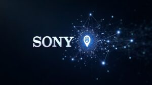 Fusión fotorrealista de los logotipos de Sony y Soneium conectados por una red de nodos blockchain que abarca juegos, música y cine.