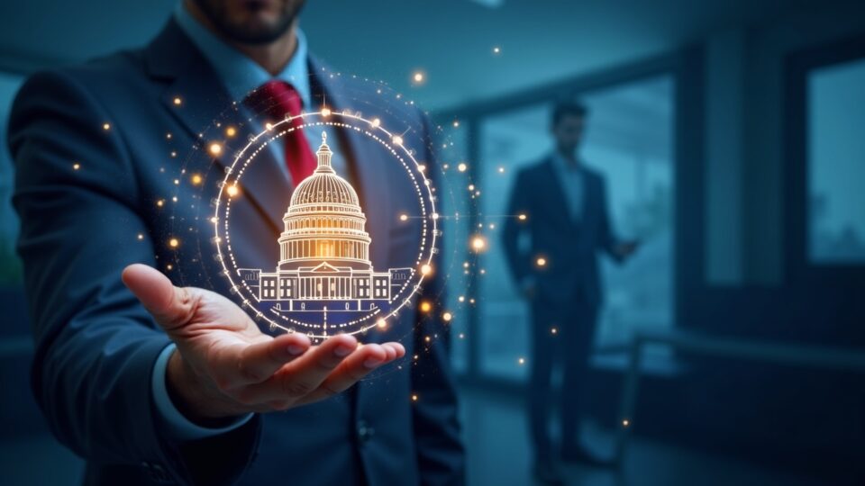 Silueta del Capitolio con un holograma de una bóveda de Bitcoin brillante y un legislador presentando el HB 1155, simbolizando la cobertura con criptomonedas.