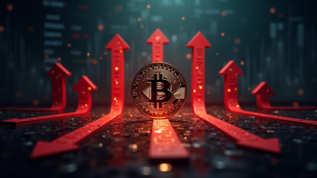 Moneda de Bitcoin con flechas rojas que drenan de los logos de ETF hacia un horizonte de mercado sombrío, con gráficos de datos tenues.