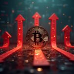 Moneda de Bitcoin con flechas rojas que drenan de los logos de ETF hacia un horizonte de mercado sombrío, con gráficos de datos tenues.