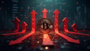Moneda de Bitcoin con flechas rojas que drenan de los logos de ETF hacia un horizonte de mercado sombrío, con gráficos de datos tenues.