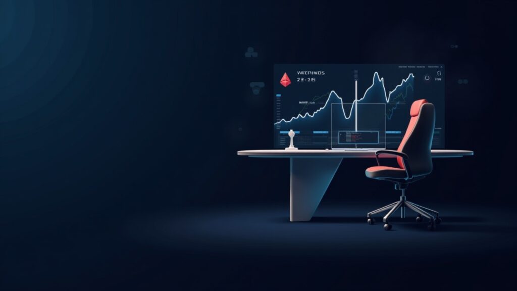 Mesa de negociación hiperrealista con logotipos brillantes de ETH y BMNR, un gráfico en alza, ventana del fin de semana 25-26 y un fondo de Standard Chartered.