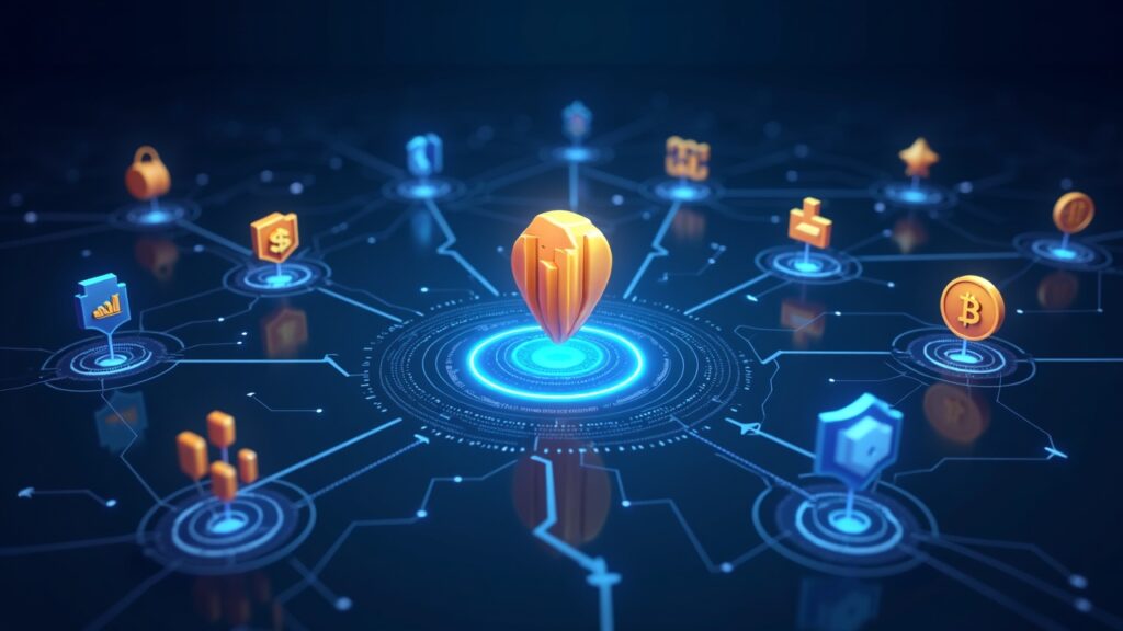 Encabezado fotorrealista con una figura cripto central conectada a iconos de los principales publicadores etiquetados Starterpacks, simbolizando una incorporación curada.