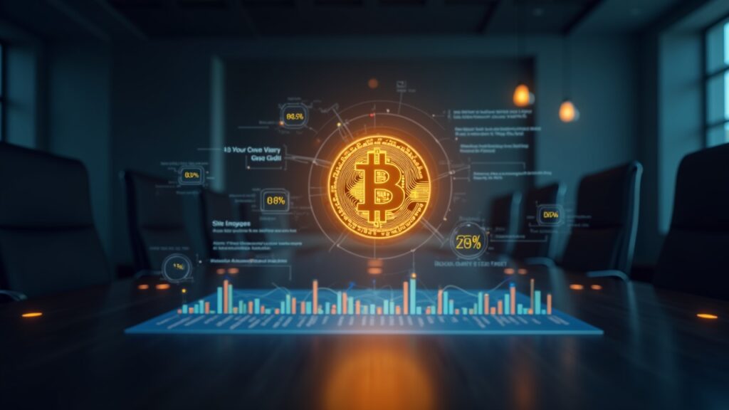 Sala de juntas fotorrealista con un símbolo de Bitcoin en un panel holográfico, señalando una gran compra de BTC financiada con capital.