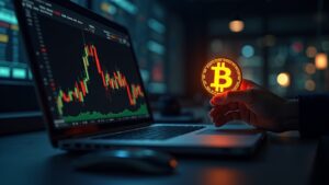 Cabecera fotorrealista muestra el ticker STRC transformándose en Bitcoin sobre un moderno escritorio de trading, simbolizando la financiación institucional.