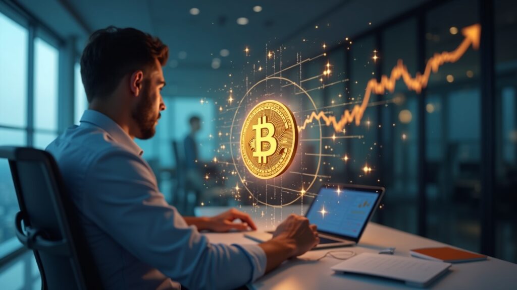 Ejecutivo en una oficina elegante con una tesorería holográfica de Bitcoin elevándose sobre gráficos del balance.