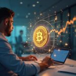 Ejecutivo en una oficina elegante con una tesorería holográfica de Bitcoin elevándose sobre gráficos del balance.