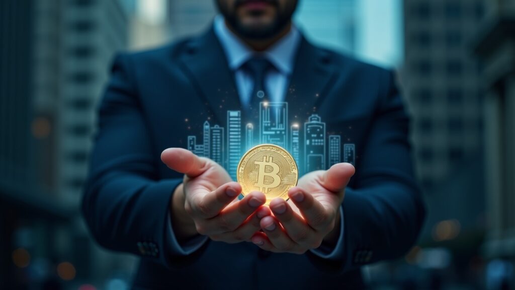 Figura vestida con traje presenta un token luminoso en medio de un libro mayor blockchain y el horizonte de Wall Street, señalando la equidad on‑chain regulada.