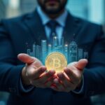 Figura vestida con traje presenta un token luminoso en medio de un libro mayor blockchain y el horizonte de Wall Street, señalando la equidad on‑chain regulada.
