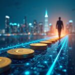 Una figura central une el horizonte bancario con un ledger luminoso, monedas euro fluyen a lo largo de un riel digital, simbolizando DvP en cadena.