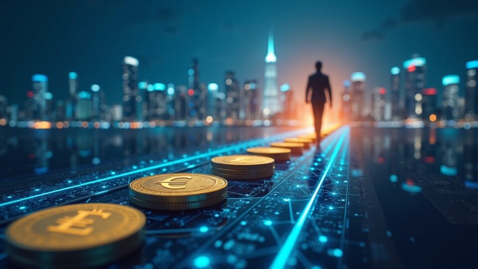 Una figura central une el horizonte bancario con un ledger luminoso, monedas euro fluyen a lo largo de un riel digital, simbolizando DvP en cadena.