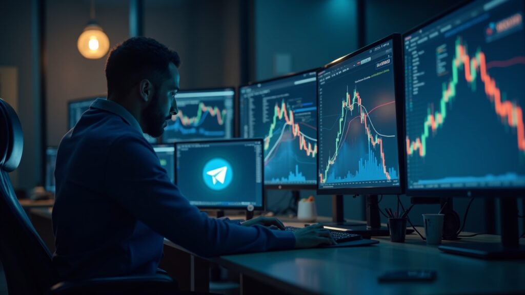 Analista financiero en escritorio estudia monitor de la caída del precio de TON y logo de Telegram con un gráfico holográfico.