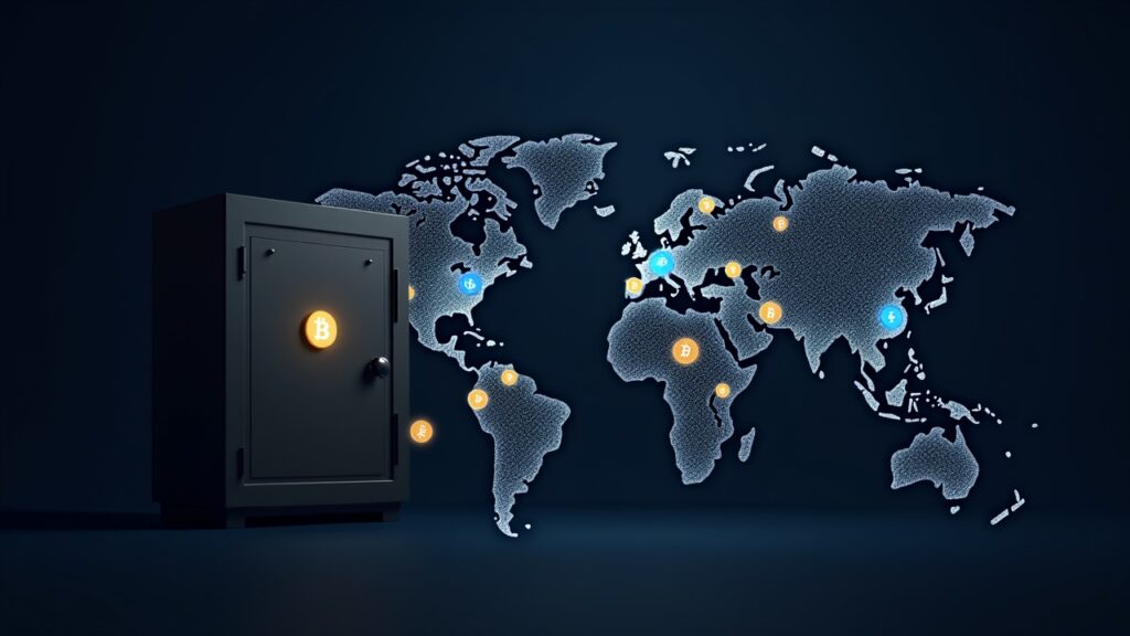 Encabezado fotorrealista que muestra un centro de préstamos respaldados por Bitcoin con una bóveda segura, gráficos de colaterales y un mapa mundial.