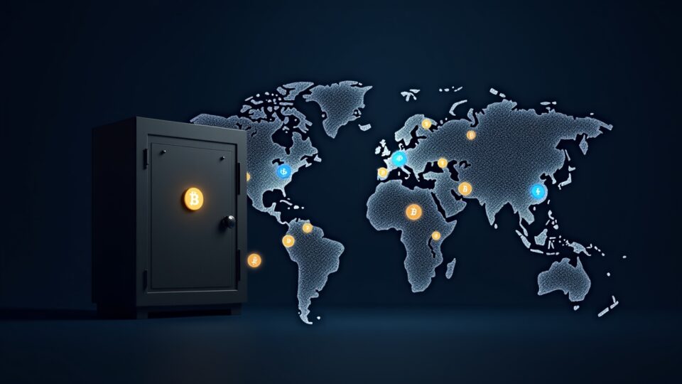 Encabezado fotorrealista que muestra un centro de préstamos respaldados por Bitcoin con una bóveda segura, gráficos de colaterales y un mapa mundial.