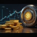 Bóveda segura con lingotes de oro estampados con el logo de Tether, superpuesta por una red blockchain y gráficos ascendentes.