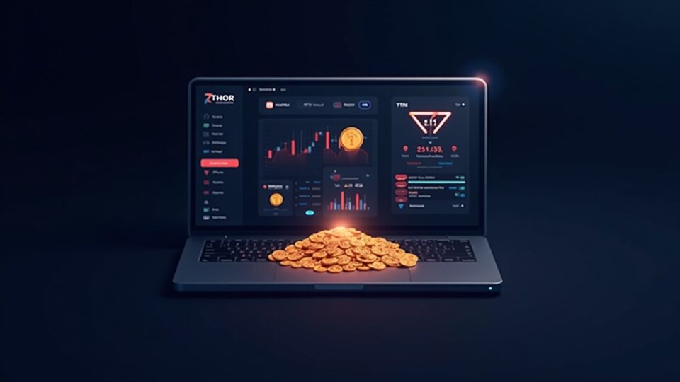 Encabezado fotorrealista: Logotipo de THORWallet en un tablero de trading elegante mientras TITN fluye hacia un grupo de liquidez brillante con una barra de progreso de torneo.