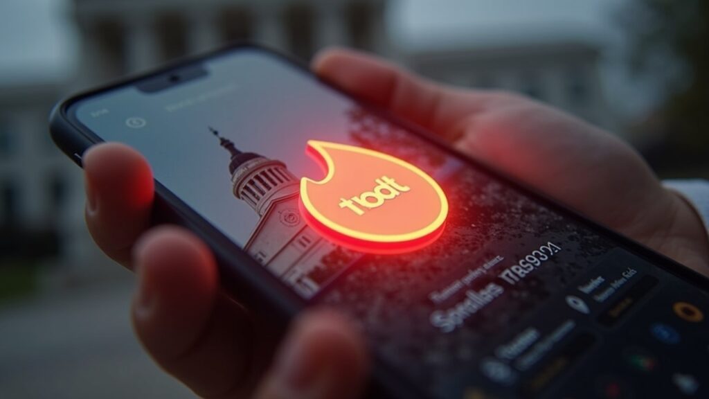 Pantalla dividida: la app Tinder con un símbolo USDT luminoso, el edificio del tribunal y el sello federal en el fondo.