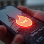 Pantalla dividida: la app Tinder con un símbolo USDT luminoso, el edificio del tribunal y el sello federal en el fondo.
