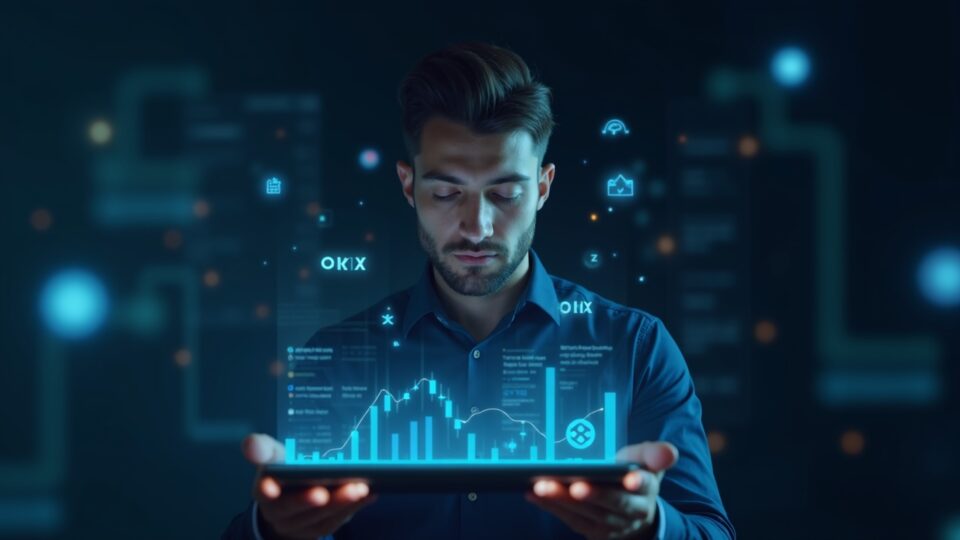 Operador fotorrealista observa gráficos de cripto y de acciones tokenizadas en pantallas holográficas con los logotipos de Binance y OKX.