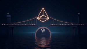 Logotipos de TRON y River enlazados por un puente intercadena brillante sobre una bóveda central de moneda estable.