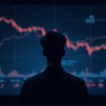 Un trader de criptomonedas está parado frente a una pantalla de mercado que muestra probabilidades que van de casi 0% a 80% con logos de Chainlink y UMA y señales de gobernanza.