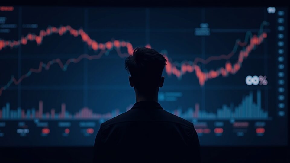 Un trader de criptomonedas está parado frente a una pantalla de mercado que muestra probabilidades que van de casi 0% a 80% con logos de Chainlink y UMA y señales de gobernanza.