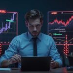 Inversor cripto fotorrealista en un escritorio con gráficos de Solana y HYPE, flechas de advertencia rojas que señalan una interrupción de liquidez