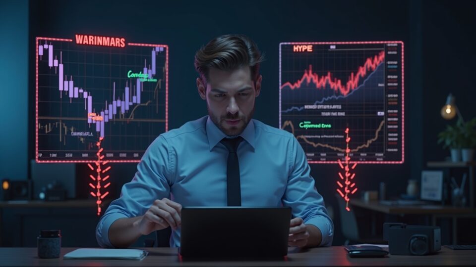 Inversor cripto fotorrealista en un escritorio con gráficos de Solana y HYPE, flechas de advertencia rojas que señalan una interrupción de liquidez