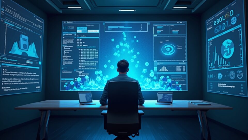 Analista en un escritorio con una pantalla holográfica que muestra código Solidity heredado y una función de acuñación infinita, con tokens inundando un pool de liquidez.