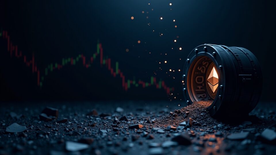 Bóveda de contrato inteligente agrietada drena Ethereum en un vacío negro, logo de TRU y gráfico de curva de bonos descendente bajo luces de neón.