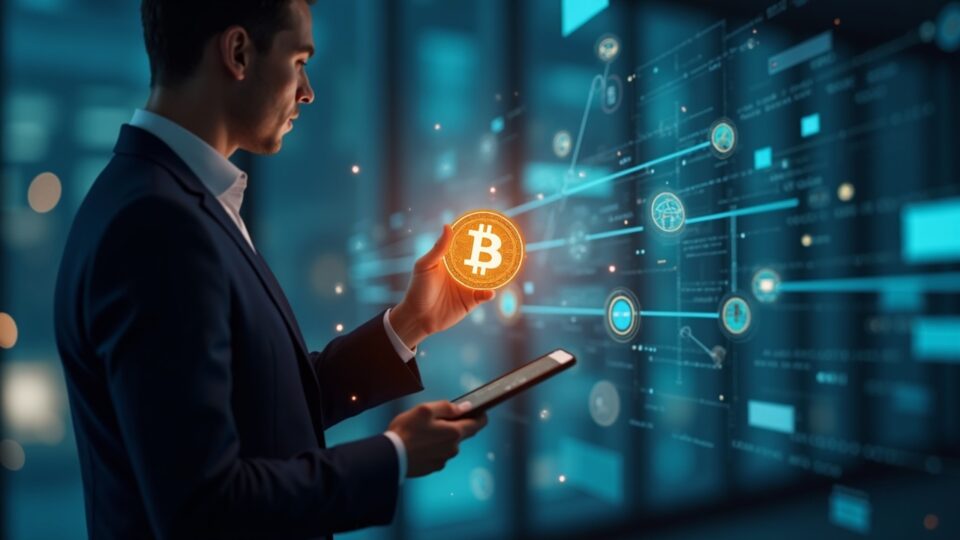 Accionista fotorrealista en una sala de redacción moderna observa cómo un token holográfico no negociable y brillante asciende desde una rejilla de la cadena de bloques.