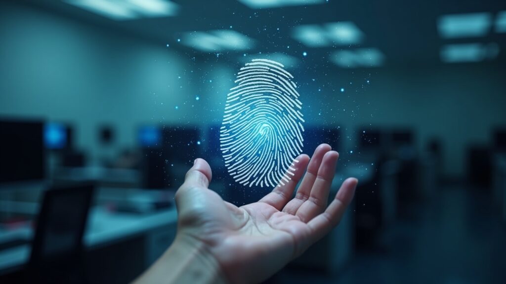 Oficina del gobierno del Reino Unido fotorrealista con una huella dactilar biométrica disolviéndose en partículas, señalando identificación digital opcional.
