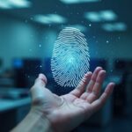 Oficina del gobierno del Reino Unido fotorrealista con una huella dactilar biométrica disolviéndose en partículas, señalando identificación digital opcional.