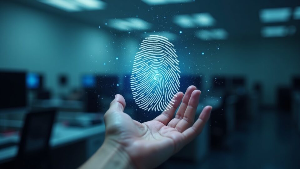 Oficina del gobierno del Reino Unido fotorrealista con una huella dactilar biométrica disolviéndose en partículas, señalando identificación digital opcional.