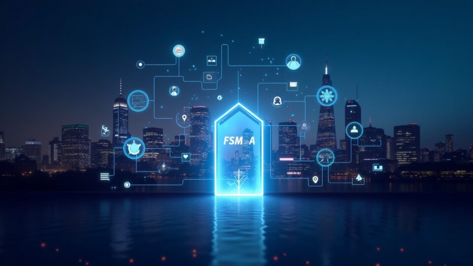 Horizonte futurista de Londres con una pasarela de licencias cripto brillante y un portal FSMA, simbolizando la regulación cripto del Reino Unido.