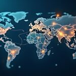 Centro humanitario fotorrealista inspirado en la UN con raíles digitales y tokens USDC sobre un mapa mundial.