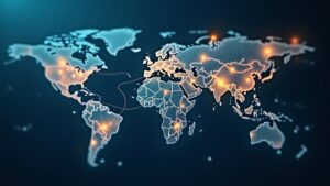 Centro humanitario fotorrealista inspirado en la UN con raíles digitales y tokens USDC sobre un mapa mundial.