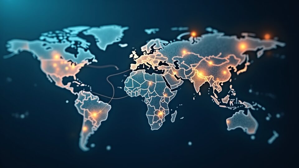Centro humanitario fotorrealista inspirado en la UN con raíles digitales y tokens USDC sobre un mapa mundial.