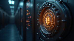 Bóveda bancaria fotorrealista con un token USA₮ luminoso, emblema de la OCC y una sala de redacción moderna, que ilustra la adopción de una moneda estable emitida por banco y regulada.
