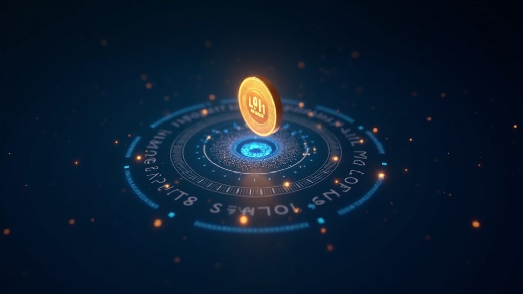 Encabezado fotorrealista: holograma central de USD1 sobre una interfaz de préstamos DeFi de Dolomite con hilos de blockchain azul y dorado.