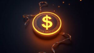 Token USDCx resplandeciente en Aleo con cintas zk-SNARK y una figura empresarial, señalando acceso privado e interoperable a monedas estables.