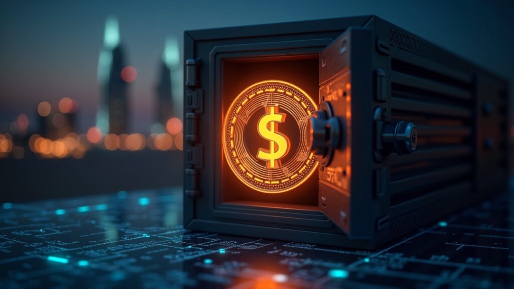 Token USD fotorealista y luminoso sobre un libro mayor digital dentro de una bóveda segura de la UAE con el horizonte de Abu Dhabi.