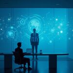 Analista futurista en un escritorio con cadenas de bloques holográficas; una pared de cristal muestra una figura gubernamental en sombras, iluminación azul.