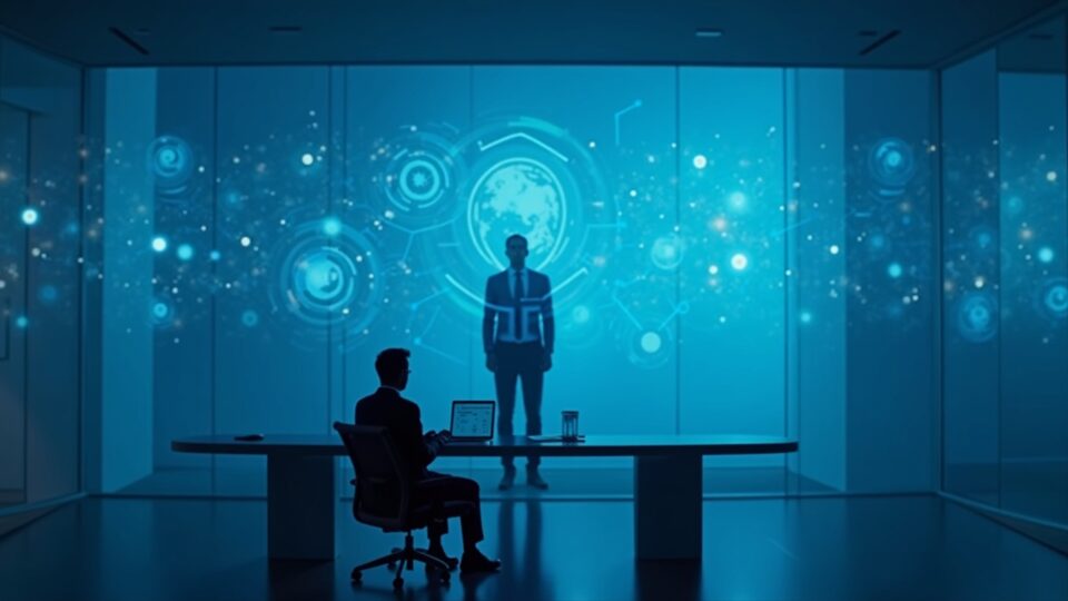 Analista futurista en un escritorio con cadenas de bloques holográficas; una pared de cristal muestra una figura gubernamental en sombras, iluminación azul.