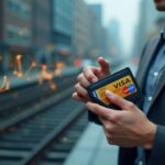 Encabezado fotorrealista: una persona de negocios con una billetera digital, los logotipos de Visa y Mastercard, y canales para la liquidación de monedas estables.
