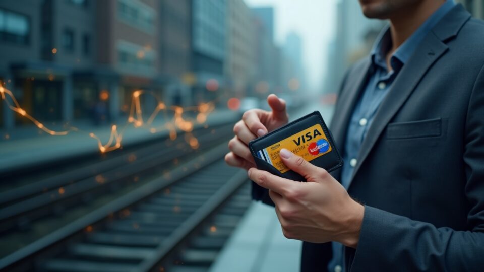 Encabezado fotorrealista: una persona de negocios con una billetera digital, los logotipos de Visa y Mastercard, y canales para la liquidación de monedas estables.