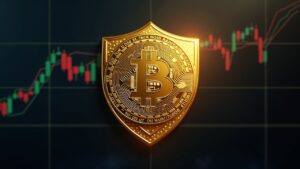 Escena fotorrealista de Wall Street con íconos de ETF de Bitcoin y oro fusionándose en uno, envueltos en un escudo regulatorio.