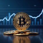 Escena fotorrealista de sala de redacción con una moneda Bitcoin, el sello del DOJ y un gráfico ascendente.